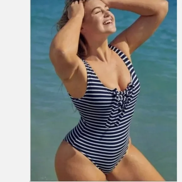 Aerie Striped Ribbed Lace Up Swimsuit Navy and White - Picture 1 of 10